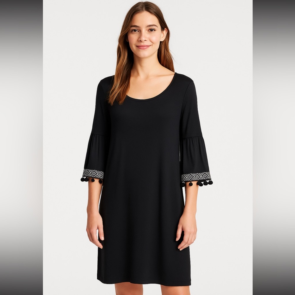 KyeMi Black Bell Sleeve Dress with Embroidered Tassel Trim – Size M (Madein USA)